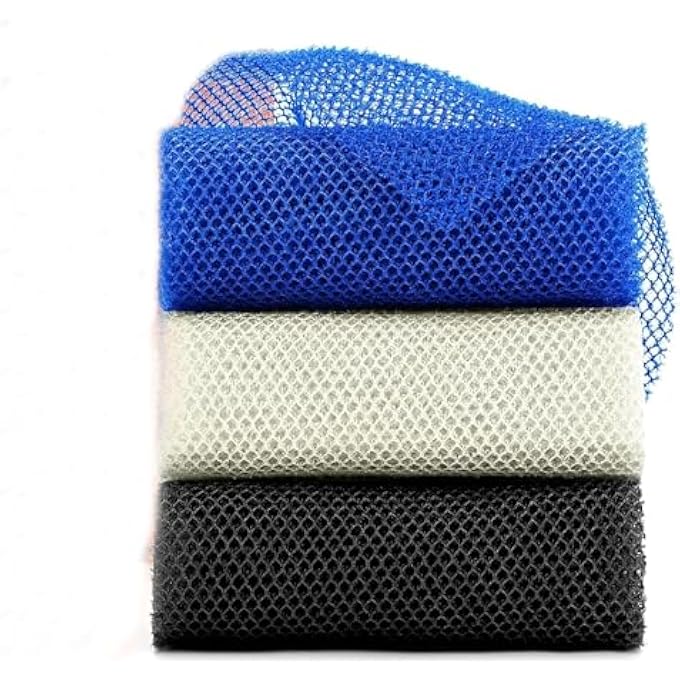 SWIUKPHE 3 PCS Multicolor Long Net Bath Sponge, Exfoliating Back and Body Scrubber, Skin Smoothing Shower Tool for Daily Use (Blue/Black/Off-White) - Image 1